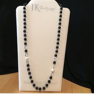 Navy & White Beaded Necklace with Silver Accents